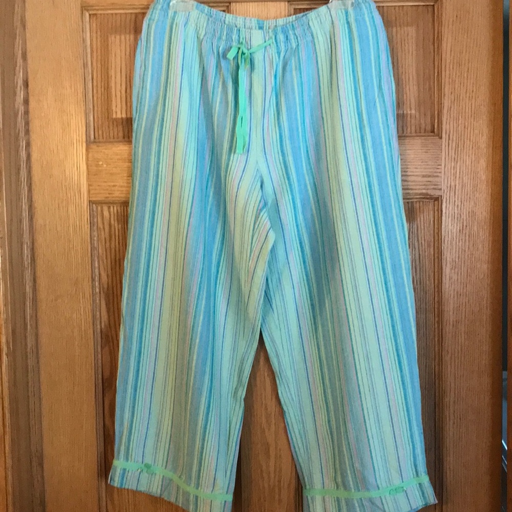 Aqua, teal, blue, lavender, yellow striped capris